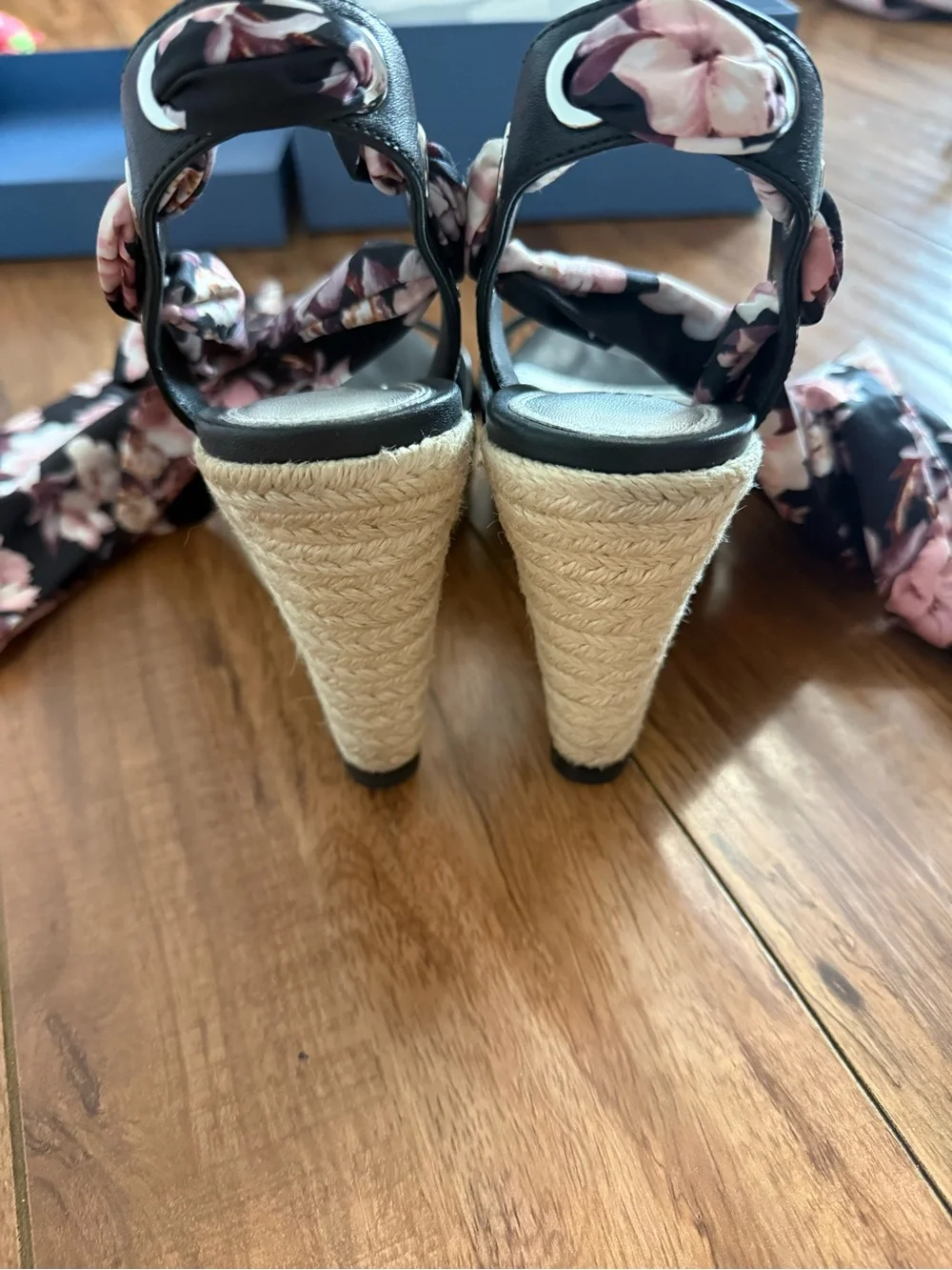 PAIGE Floral Tie-Ankle Black Espadrille Wedge Sandals